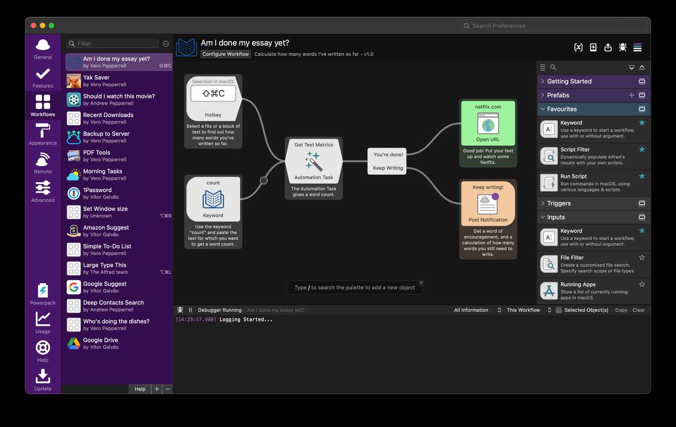 The Workflow feature in the Alfred app.