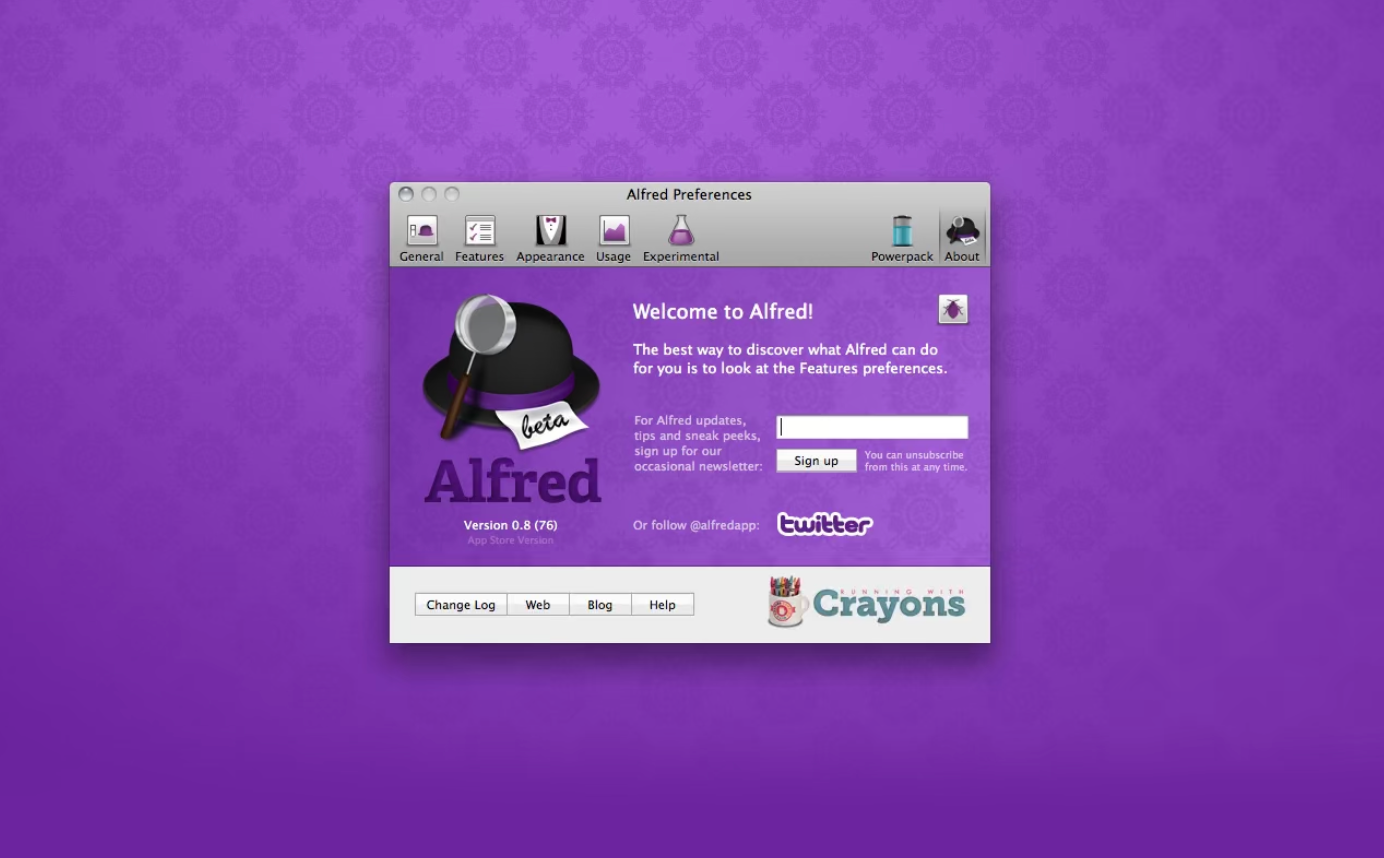 Alfred app for Mac welcome page.