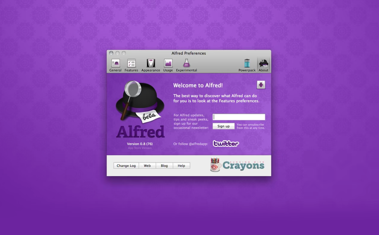 Alfred app for Mac welcome page.