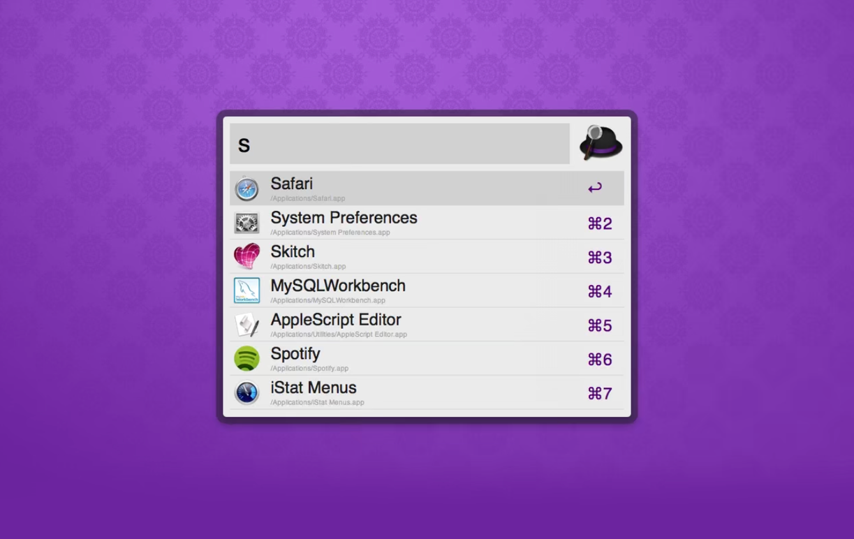 Alfred app for Mac showing a search bar with options that come up.