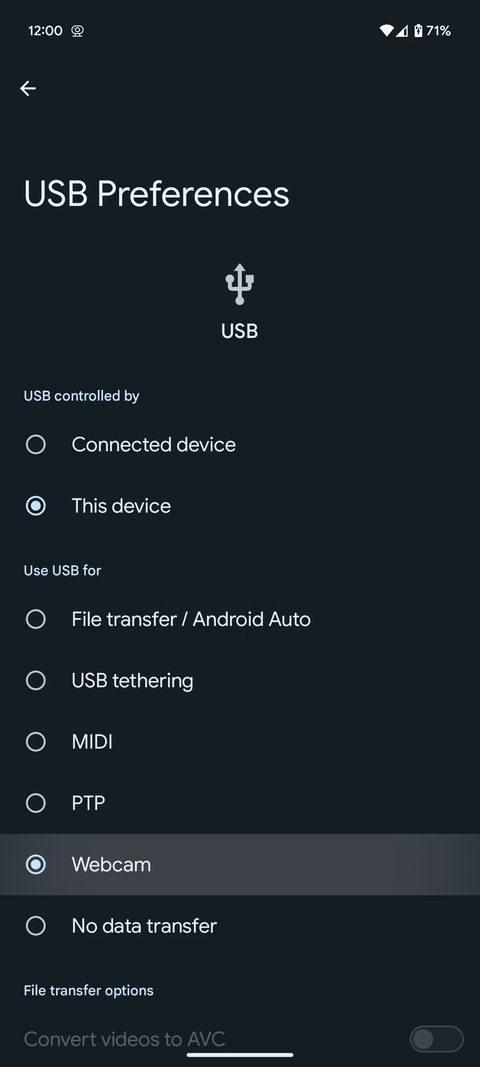 Webcam option in the USB preferences in Android 14 QPR 1
