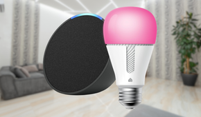 Echo Pop in Charcoal bundle with TP-Link Kasa Smart Color Bulb in front of blurred background of living room