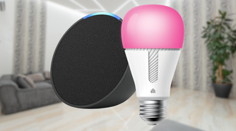 Echo Pop in Charcoal bundle with TP-Link Kasa Smart Color Bulb in front of blurred background of living room