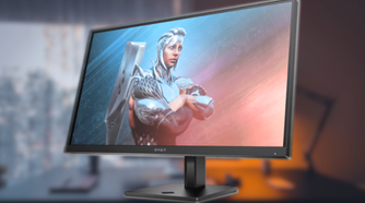 HP OMEN 27q QHD 165Hz Gaming Monitor on blurred background of desk