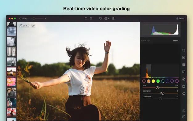 Darkroom for Mac showing real time video color grading