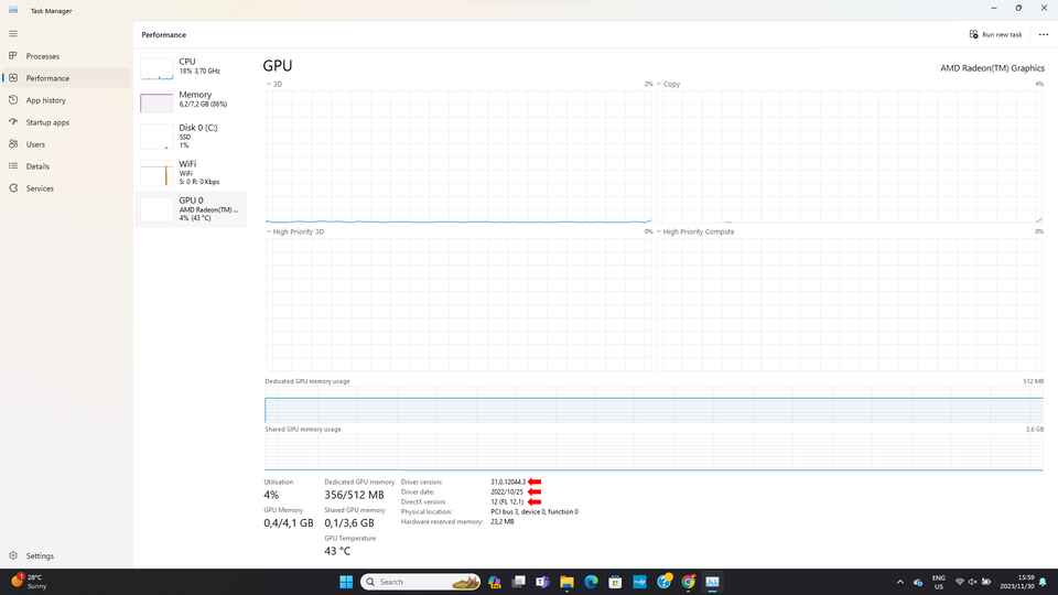 The task manager open with three arrows pointing to the graphics driver and DirectX information
