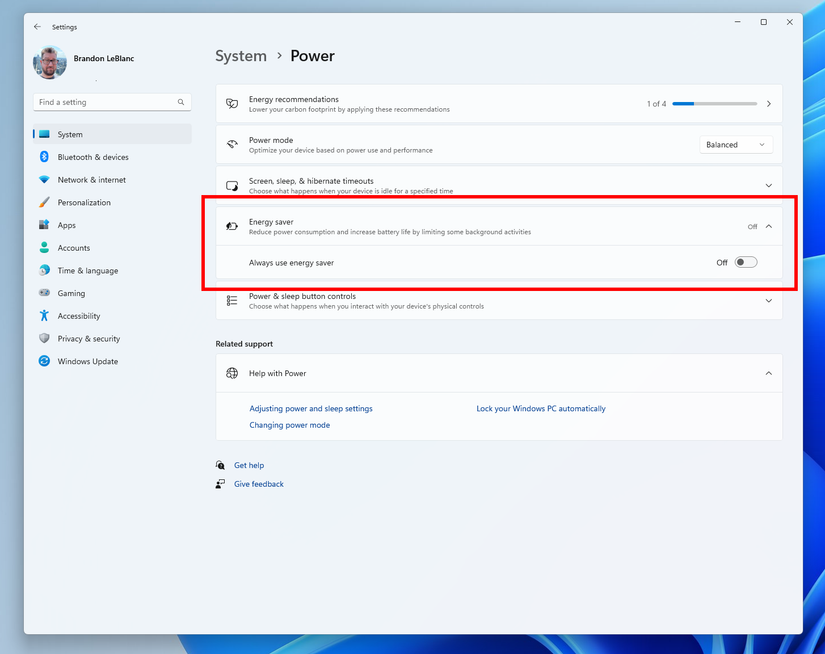 A screenshot of energy saver in the Windows 11 quick settings app