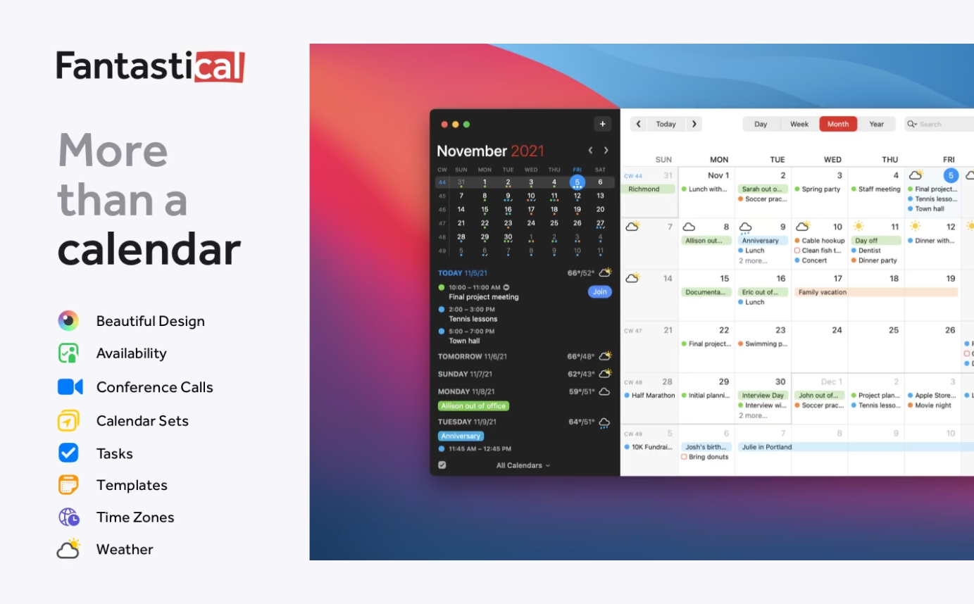 Fantastical app showing a full calendar.