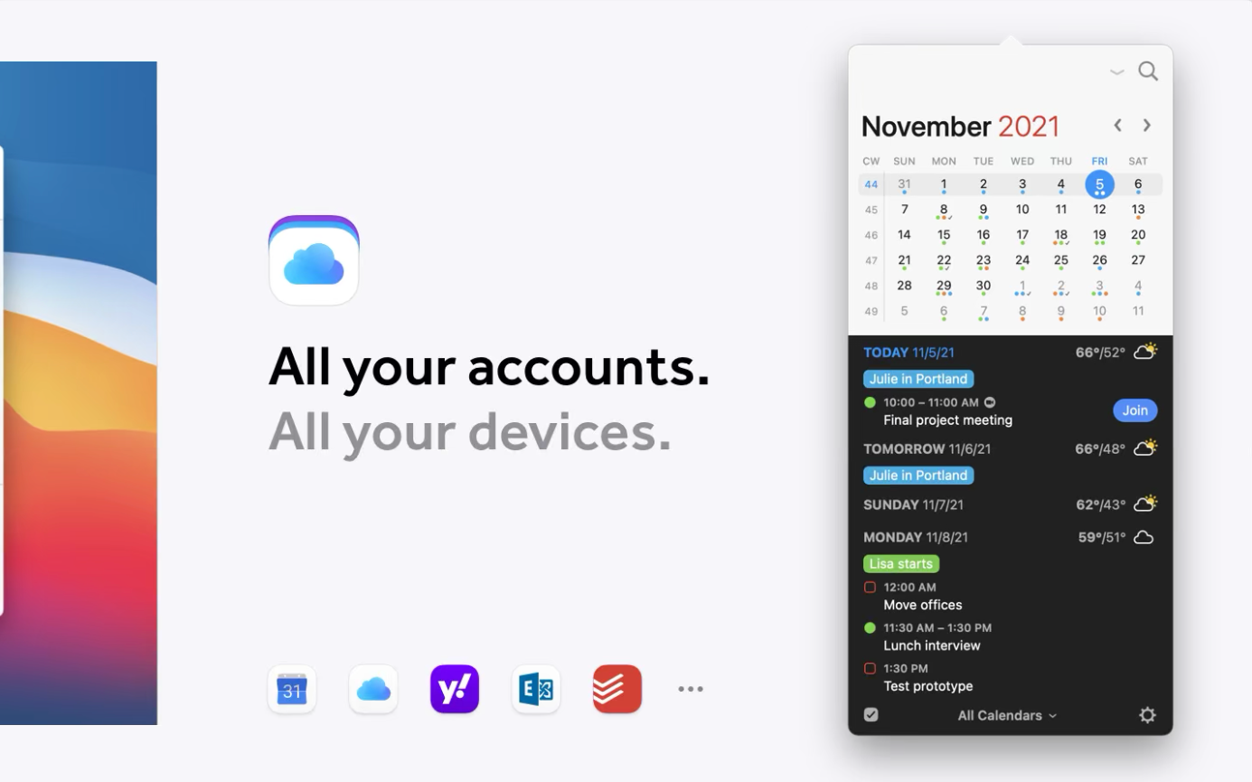 Fantastical app promo image showing you can load all your accounts from all your devices.