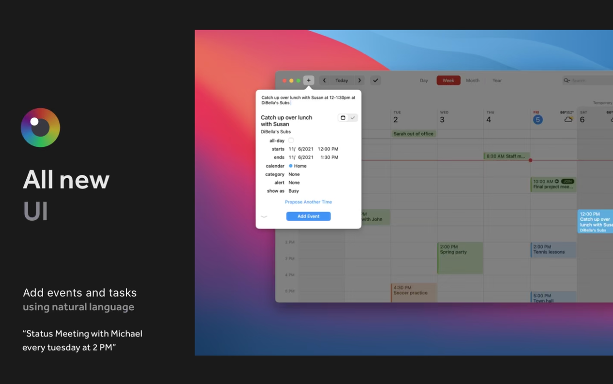 Fantastical app showing a full calendar with one item pulled up.