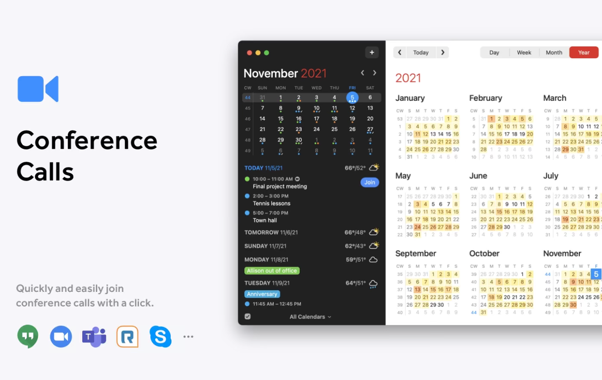 Fantastical app showing a full year calendar with conference calls highlighted.