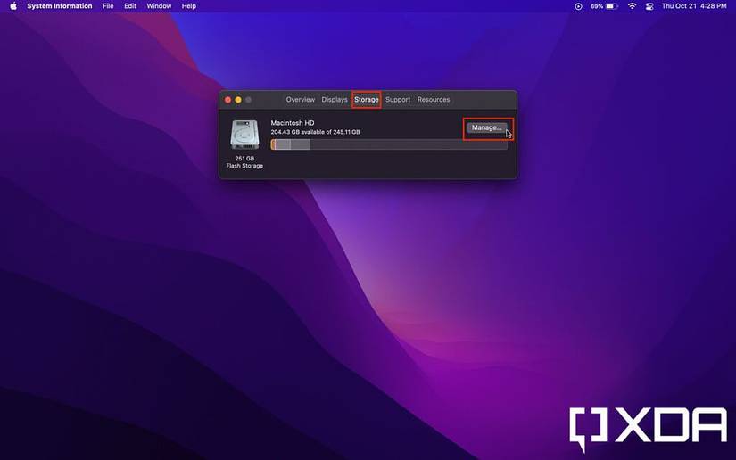 manage button in the storage section