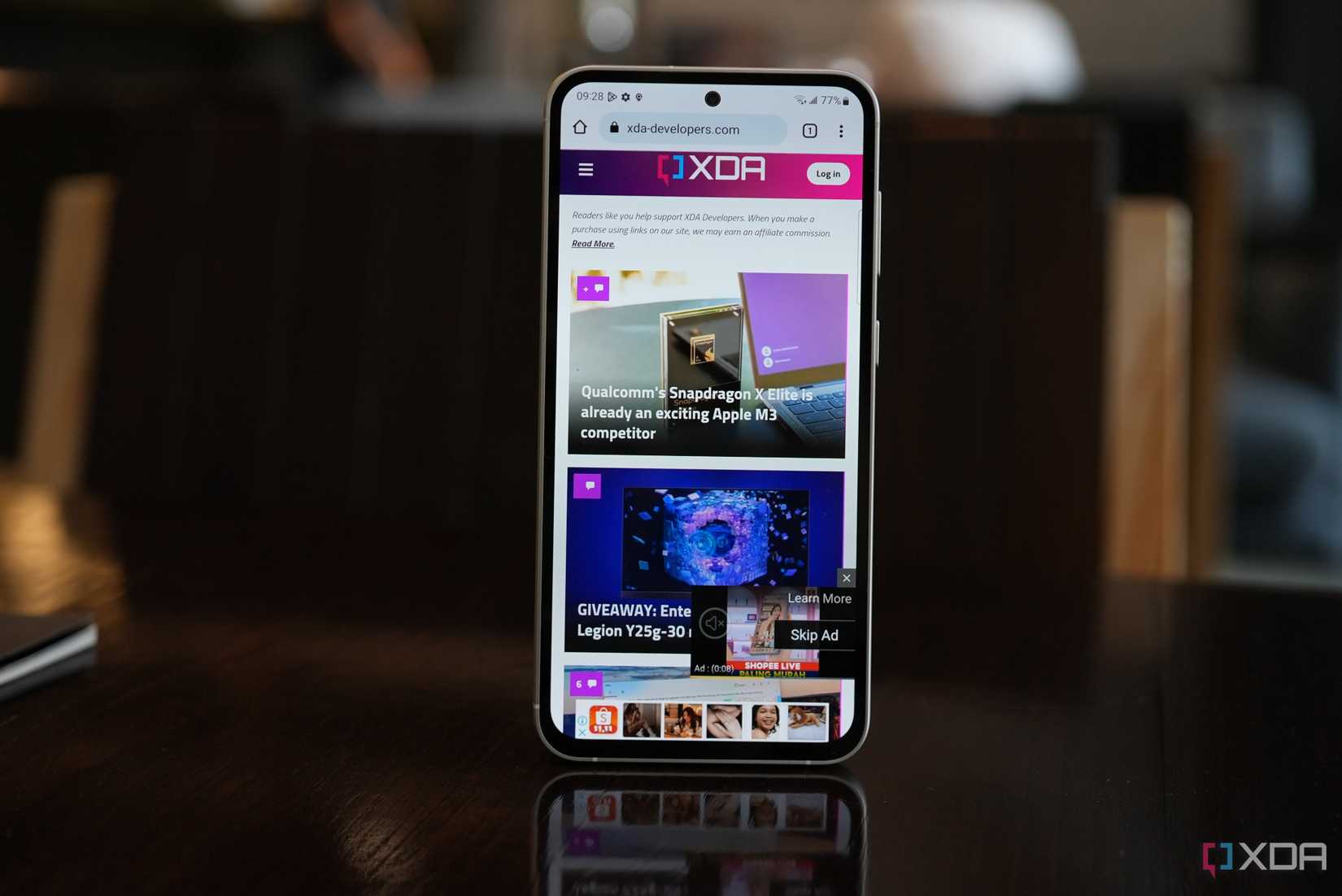 S23 FE with the XDA website on the display