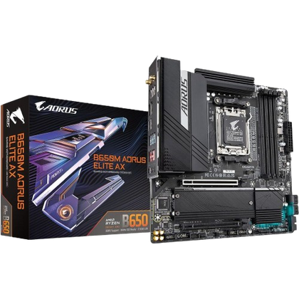 A render of the Gigabyte B650m Aorus Elite AX gaming motherboard.