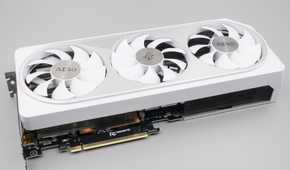 Close up of white Gigabyte GeForce RTX 4070 Aero OC graphics card