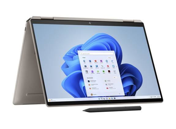 Front view of the HP Spectre x360 14 in Sahara Silver in tent mode
