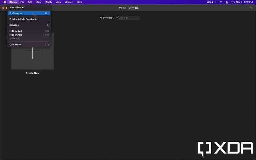 iMovie preferences in menu bar