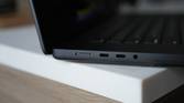 The left side of the MacBook Pro with MagSafe, two USB-C, headphone jack.