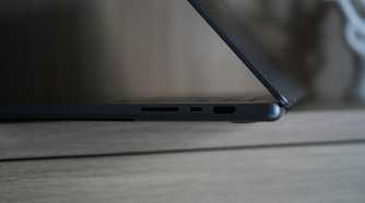 The right side of the MacBook Pro with HDMI, SD card and USB-C ports.