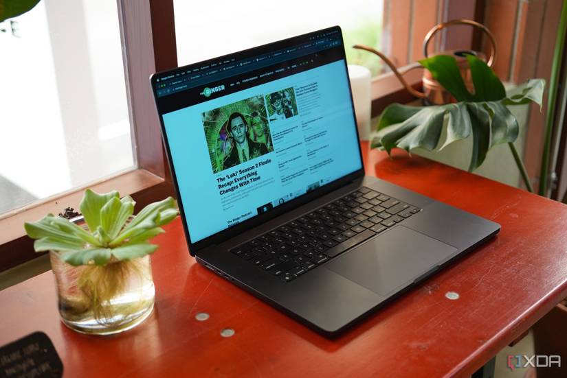 Macbook Pro m3 Max on a redwood table surround set next to succulents
