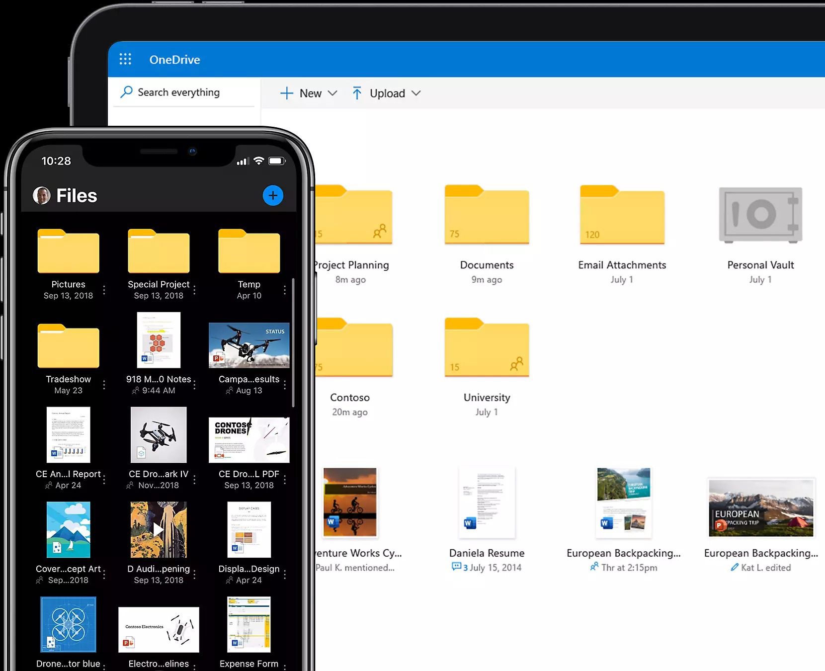 Various files shown in OneDrive on a MacBook and an iPhone.