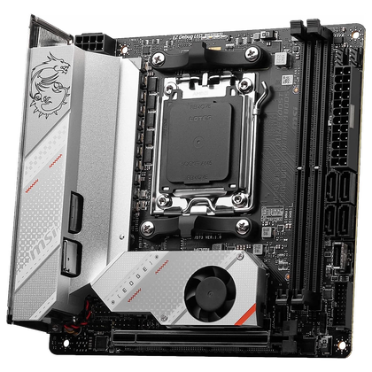 render of the MSI MPG B650I Edge WiFi motherboard seen from a slightly right-of-center viewpoint