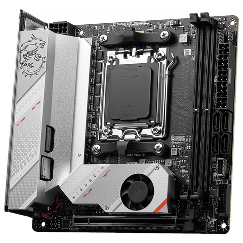 render of the MSI MPG B650I Edge WiFi motherboard seen from a slightly right-of-center viewpoint