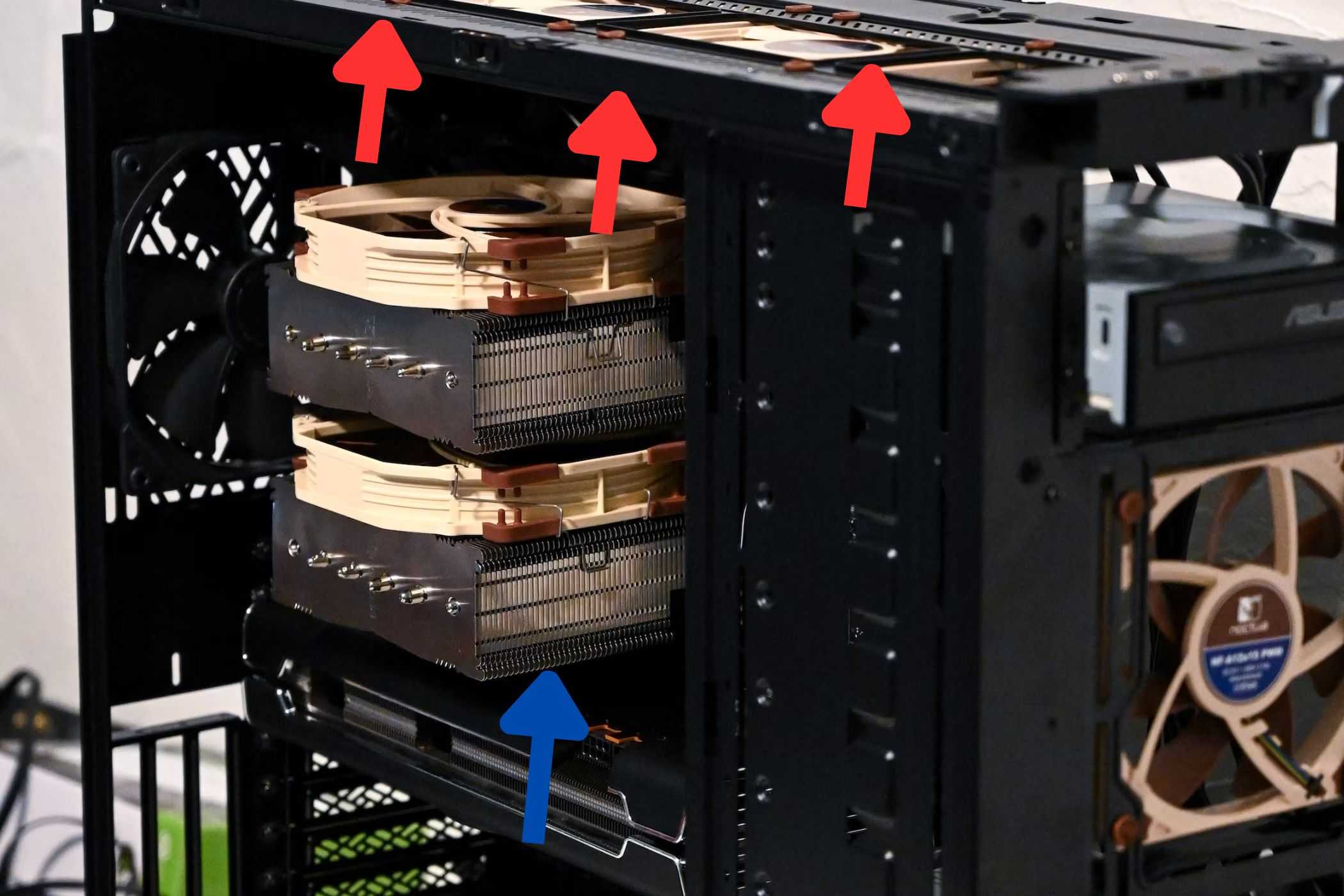 An illustration to show the Noctua NH D15 cooler airflow.
