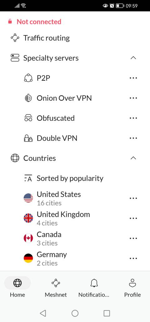 NordVPN server list on Android