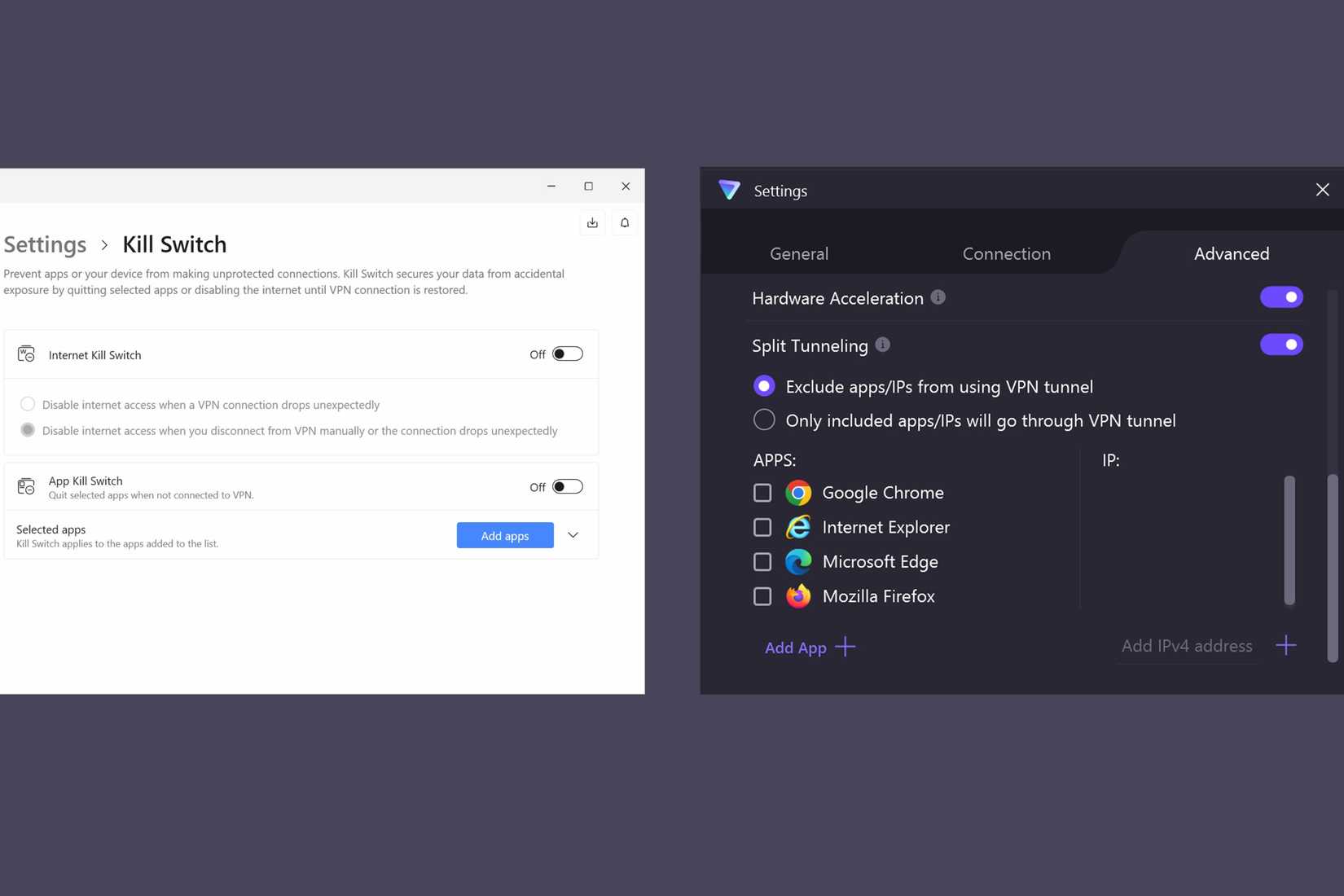 NordVPN's kill switch vs ProtonVPN's split tunneling on Windows