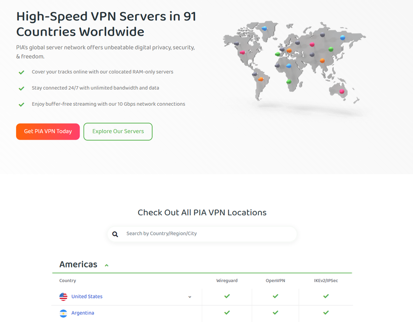 A screenshot of a advertising for a list of countries on Private Internet Accesses website.