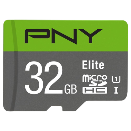A render showing a PNY Elite mircoSDHC card in green and grey color.
