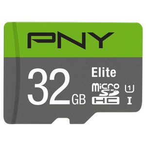 A render showing a PNY Elite mircoSDHC card in green and grey color.