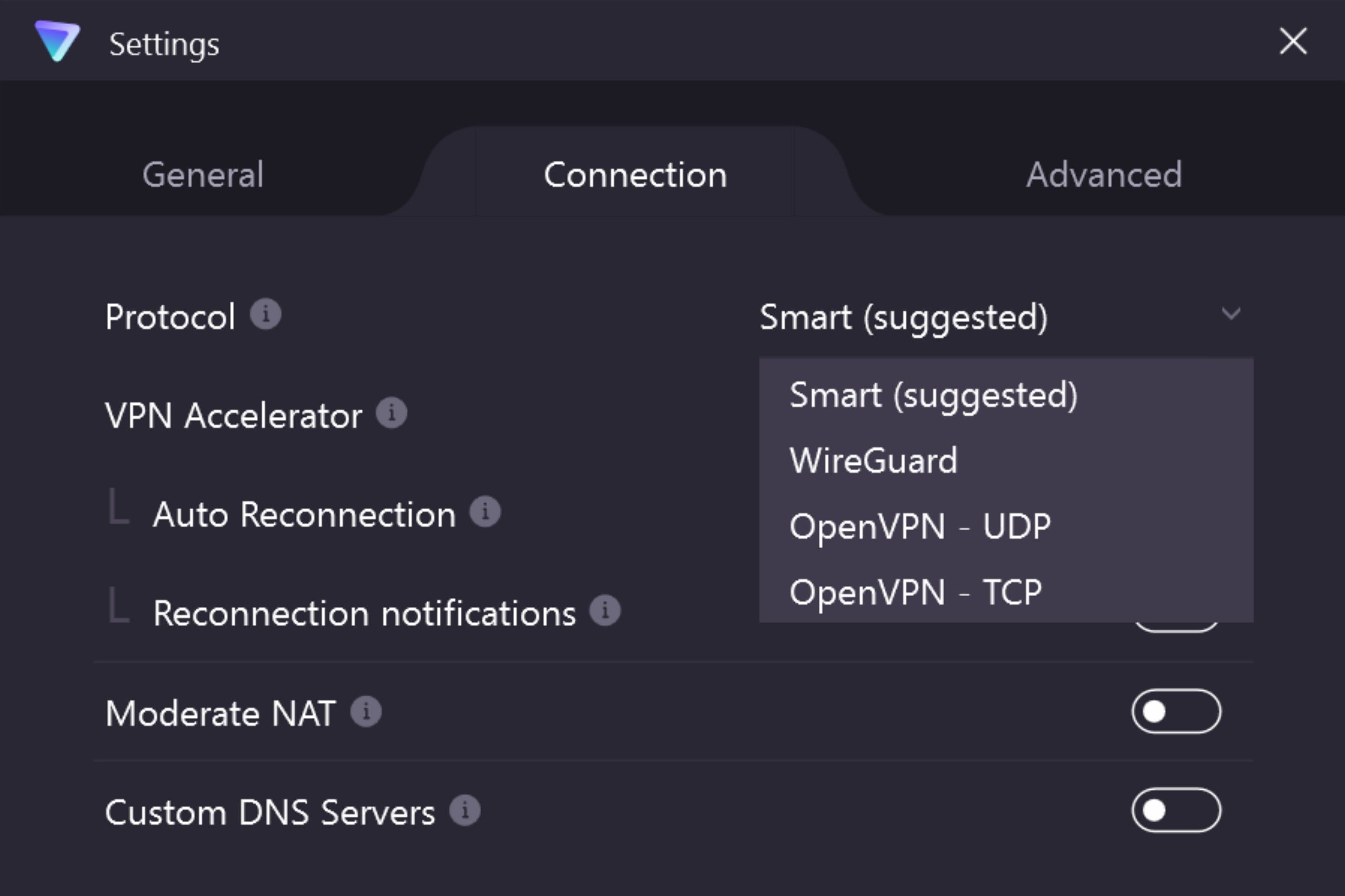 Choosing the protocol on ProtonVPN for Windows