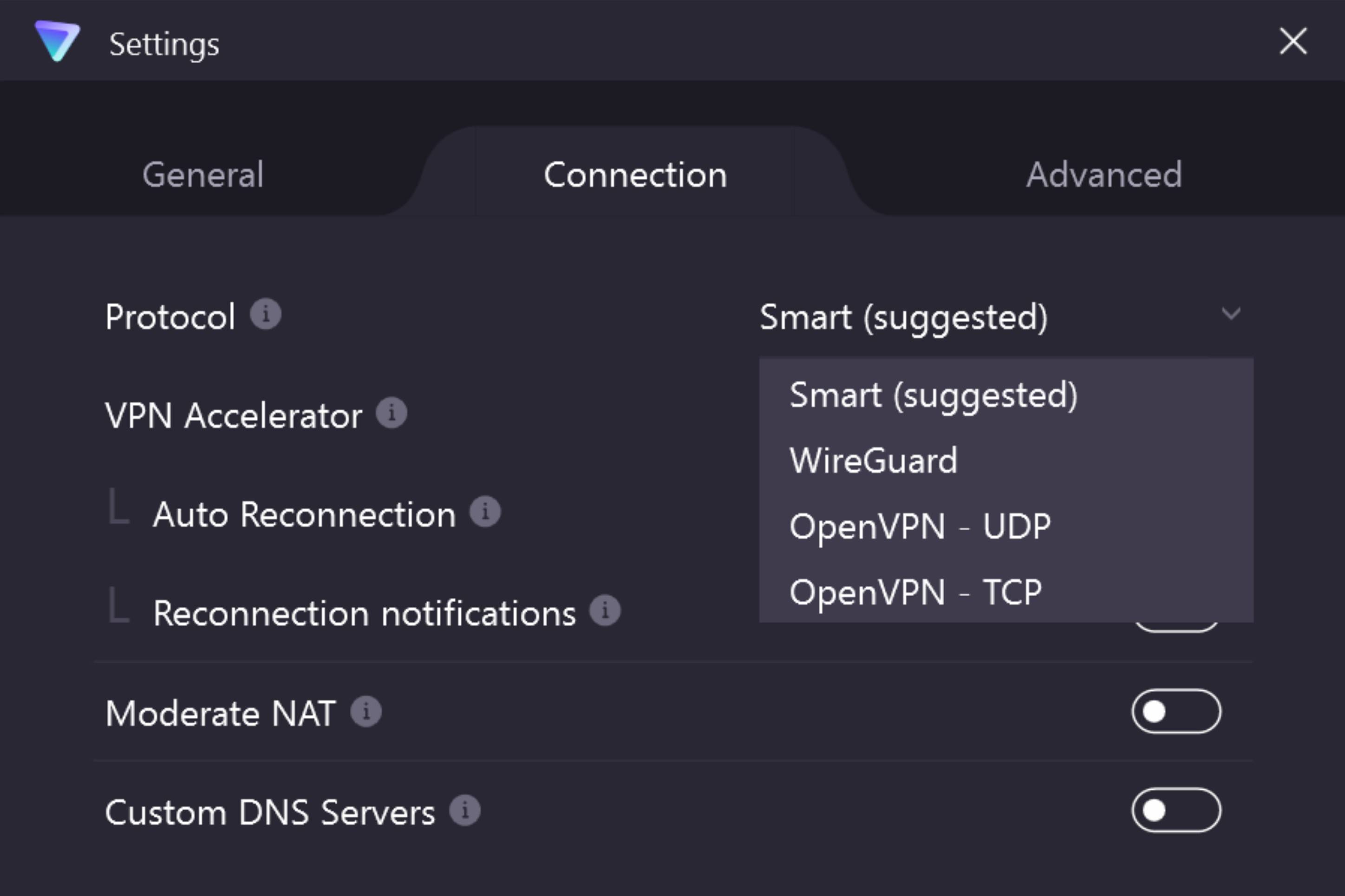 Choosing the protocol on ProtonVPN for Windows
