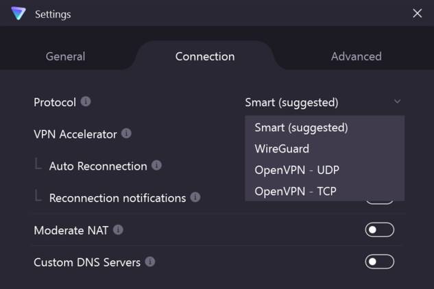 Choosing the protocol on ProtonVPN for Windows