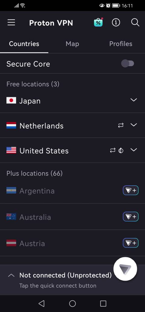 ProtonVPN server list on Android