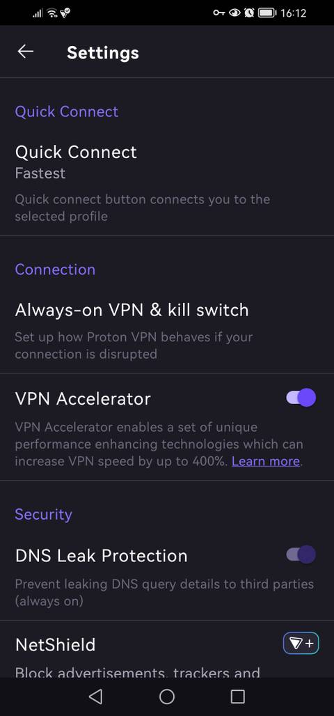 ProtonVPN settings screen on Android