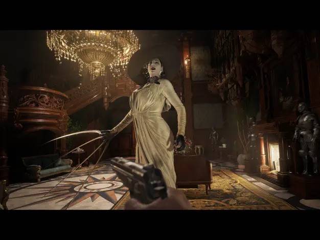 Resident evil village poster showing a gun pointed at an enemy