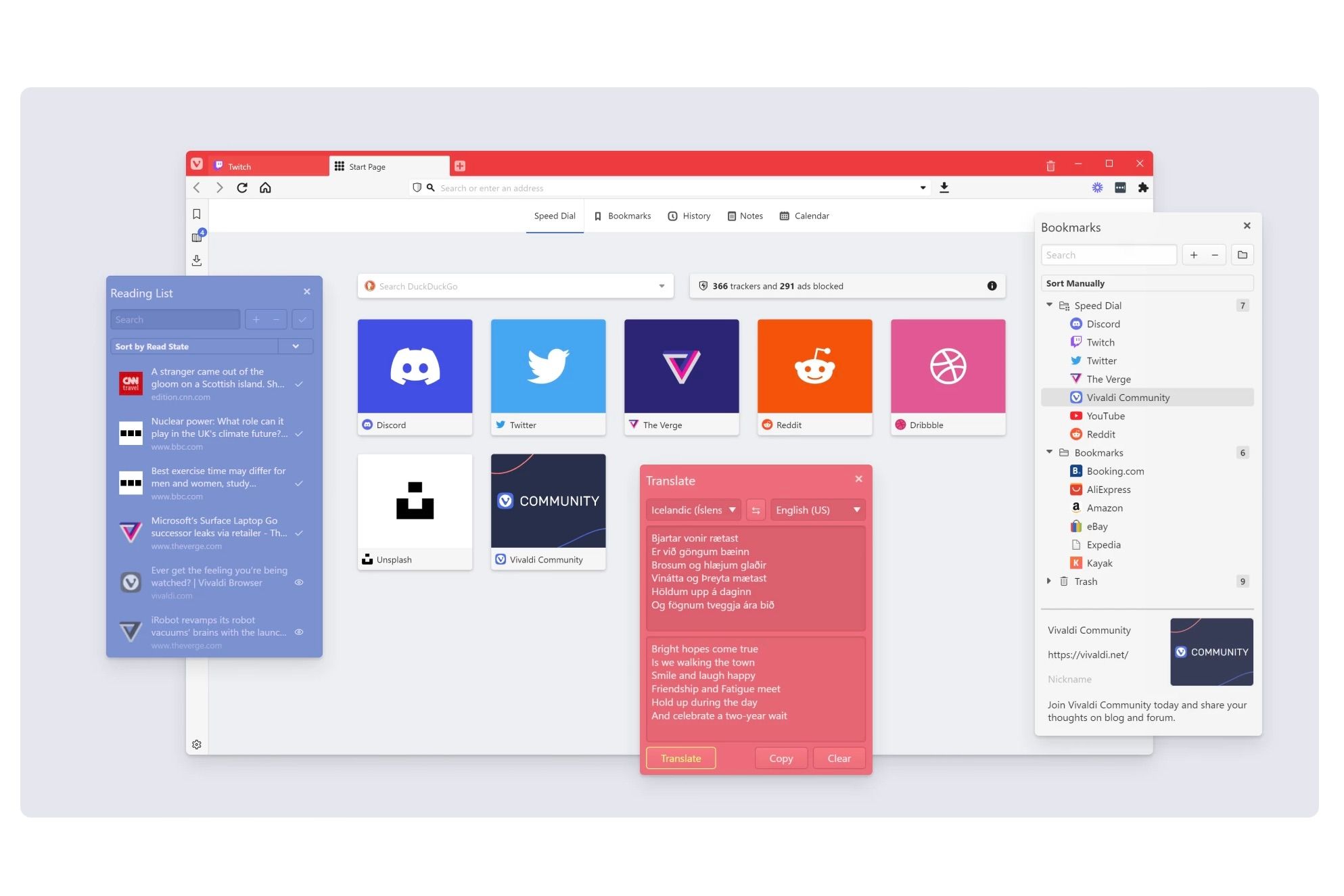 Vivaldi web browser showing different bookmarks, shortcuts, translation feature, and more