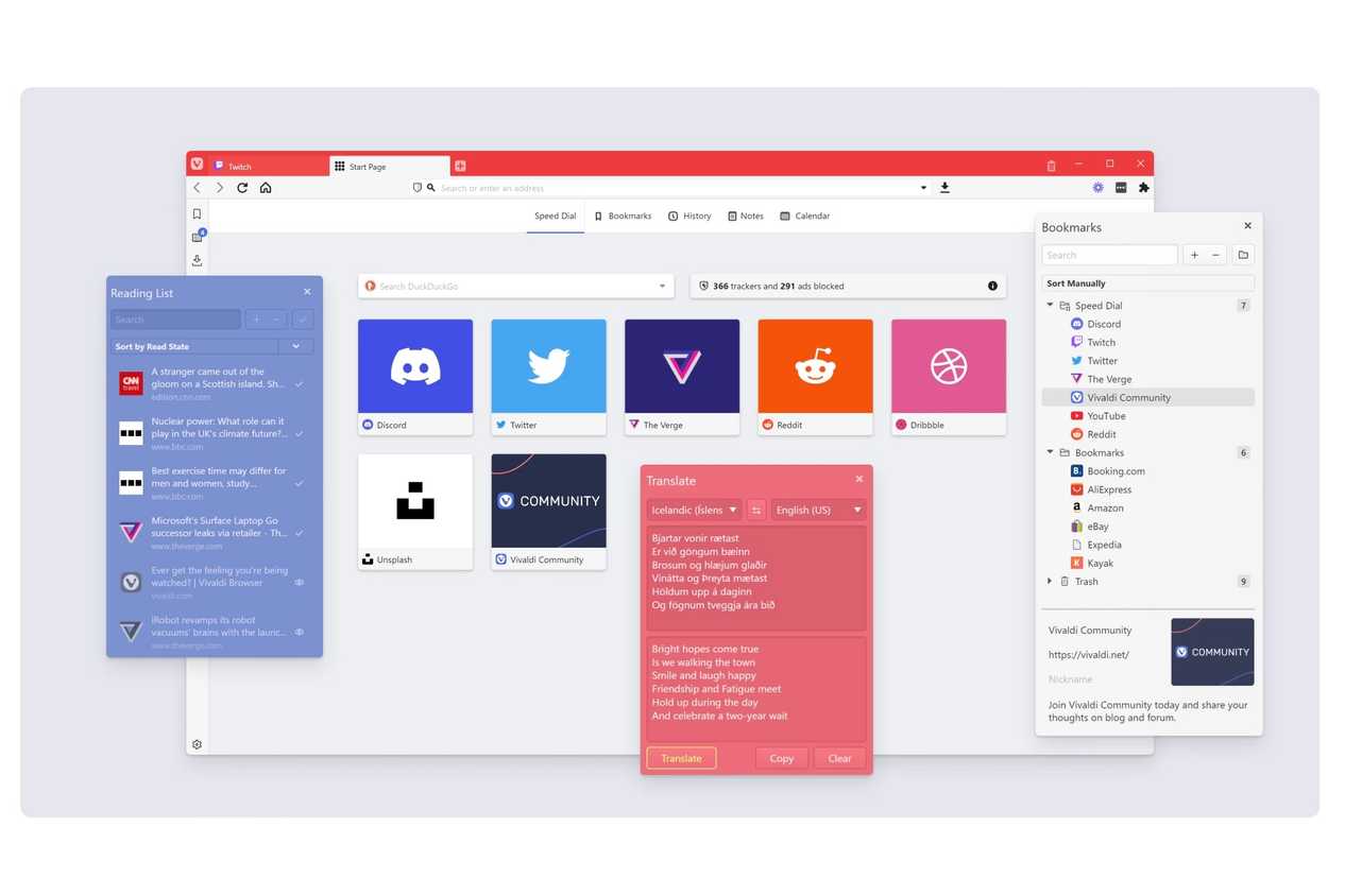 Vivaldi web browser showing different bookmarks, shortcuts, translation feature, and more