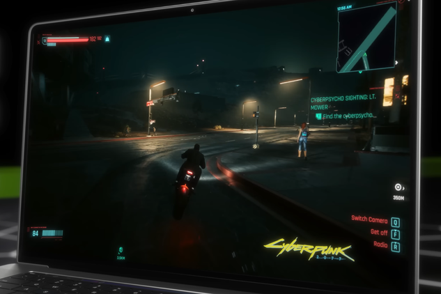 An image of Cyberpunk 2077 running on a laptop through Nvidia GeForce Now