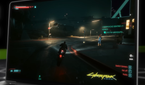 An image of Cyberpunk 2077 running on a laptop through Nvidia GeForce Now