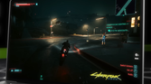 An image of Cyberpunk 2077 running on a laptop through Nvidia GeForce Now