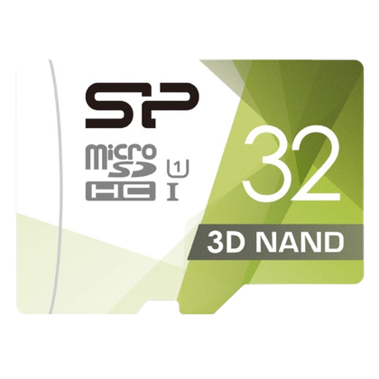 White and green silicon power 3d nand microsd, front view