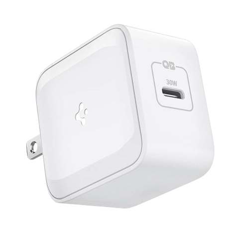 A render showing the Spigen 30W GaN charger in white color.