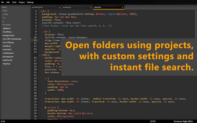 Showing how to open folders and projects using Caret