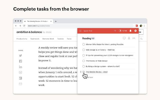 ToDoist showing completing tasks from the browser