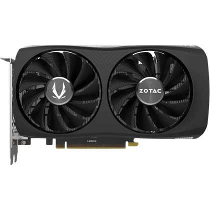 A black RTX 4060 GPU by Zotac with dual fans Twin Edge design