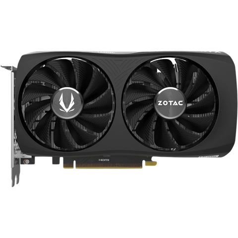 A black RTX 4060 GPU by Zotac with dual fans Twin Edge design